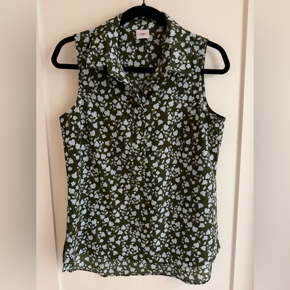 CAbi #4184 Keepsake Blouse Olive and Blue Floral
